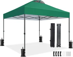 Amada 10x10ft 1-Person Setup Pop Up Canopy Tent - Easy Outdoor Sun Shade for Events, Parties, Camping, Gazebo with Wheel Cover Bag, Beach Tent with 3-Speed Adjustable Height,Green