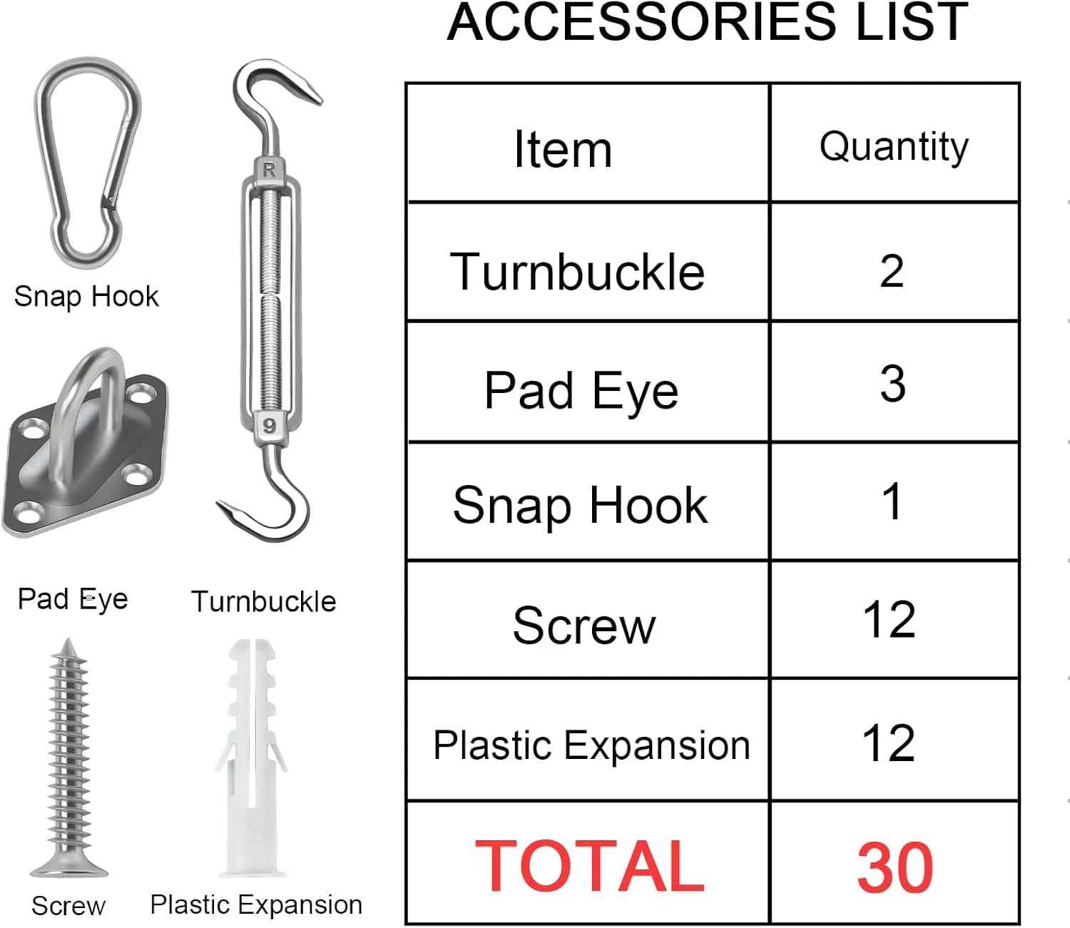 Amagenix Shade Sail Hardware Kit for Triangle Sun Shade Sail Installation, 6 Inch 304 Grade Stainless Steel Hardware for Patio Garden Outdoors, 30Pcs
