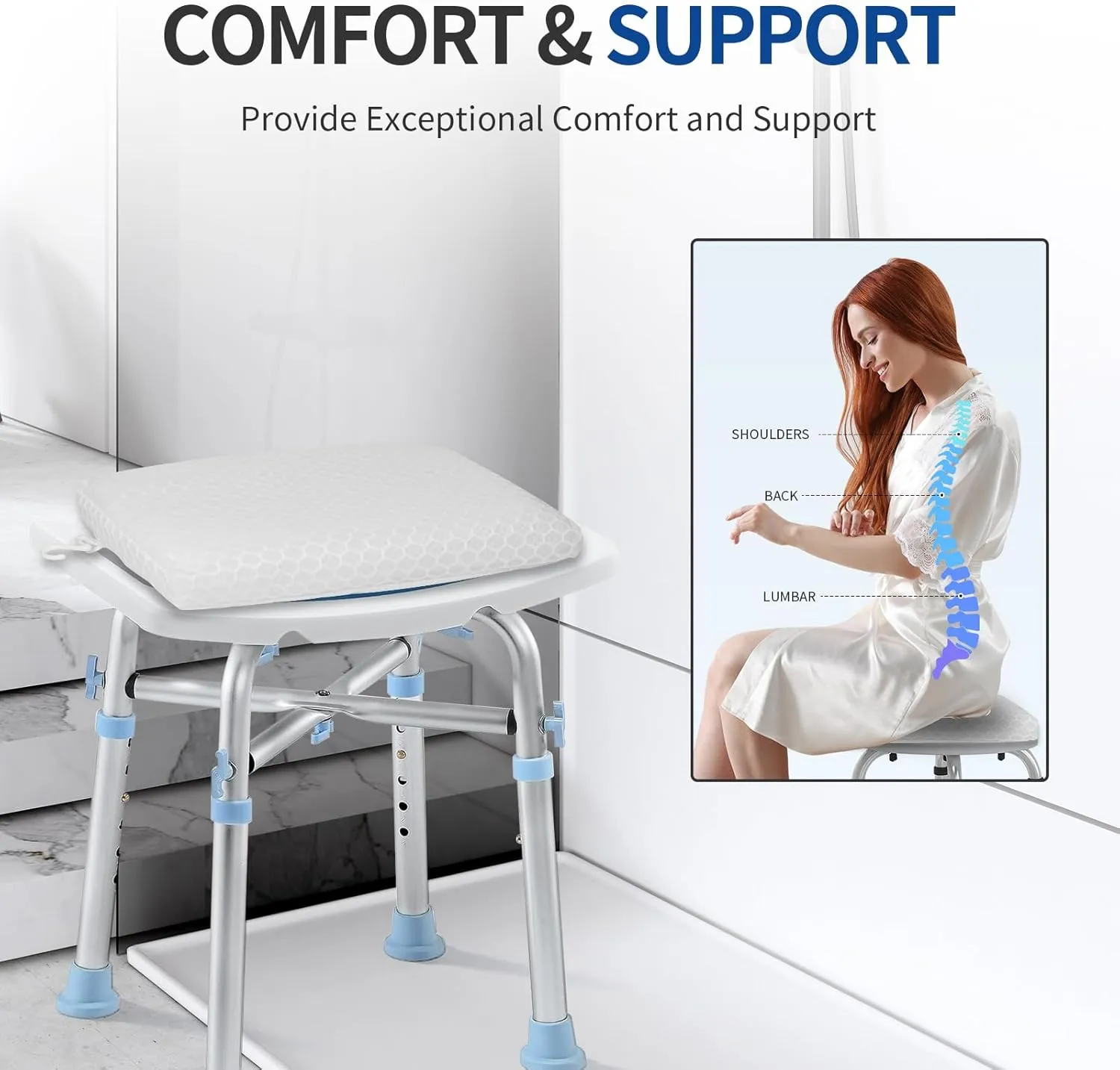 Anycosy Shower Seat Cushion for Transfer Benches,Slip-Resistant 3D Foam Mesh Bathtub Seat Cushion Mat with Hook,Quick Drying Bathtub Chair Pad for Elderly (White, Medium)