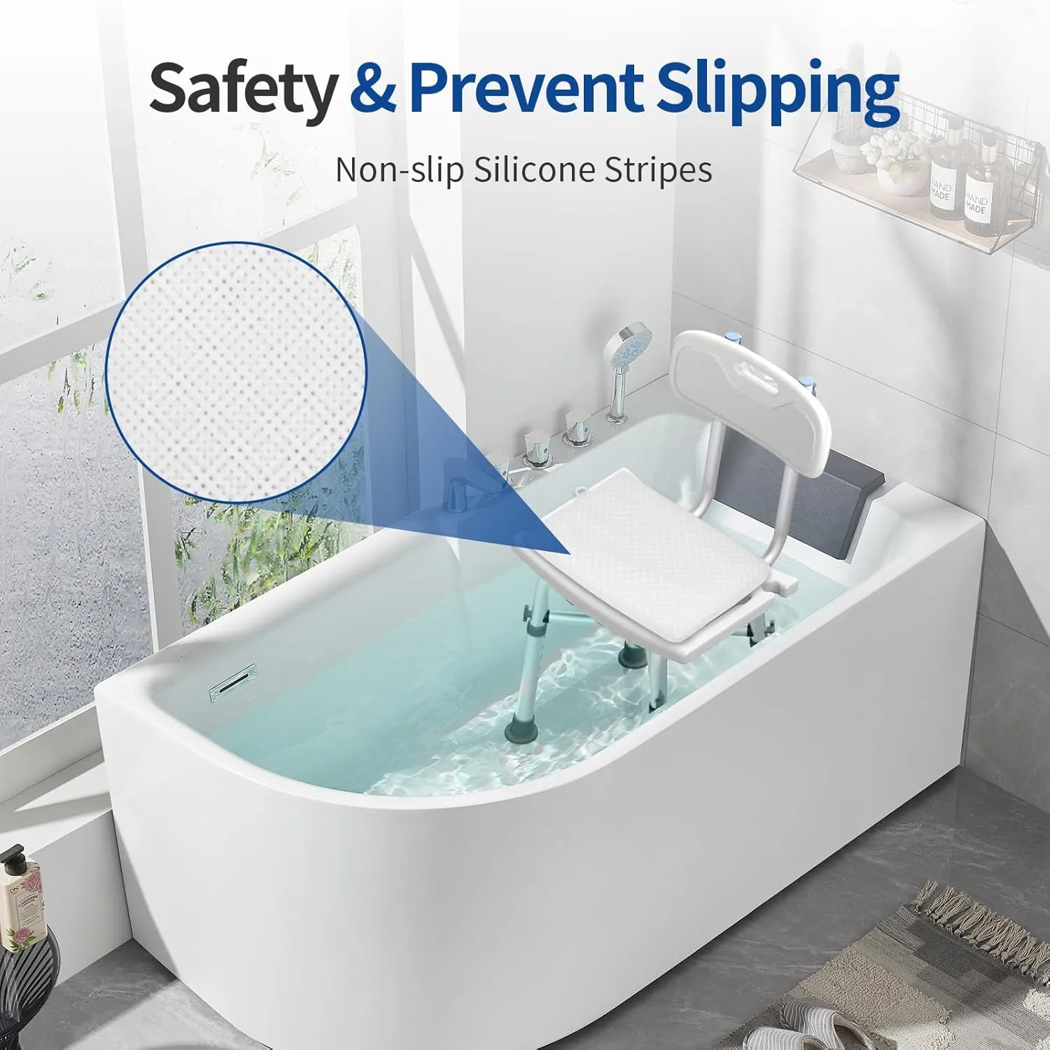 Anycosy Shower Seat Cushion for Transfer Benches,Slip-Resistant 3D Foam Mesh Bathtub Seat Cushion Mat with Hook,Quick Drying Bathtub Chair Pad for Elderly (White, Medium)