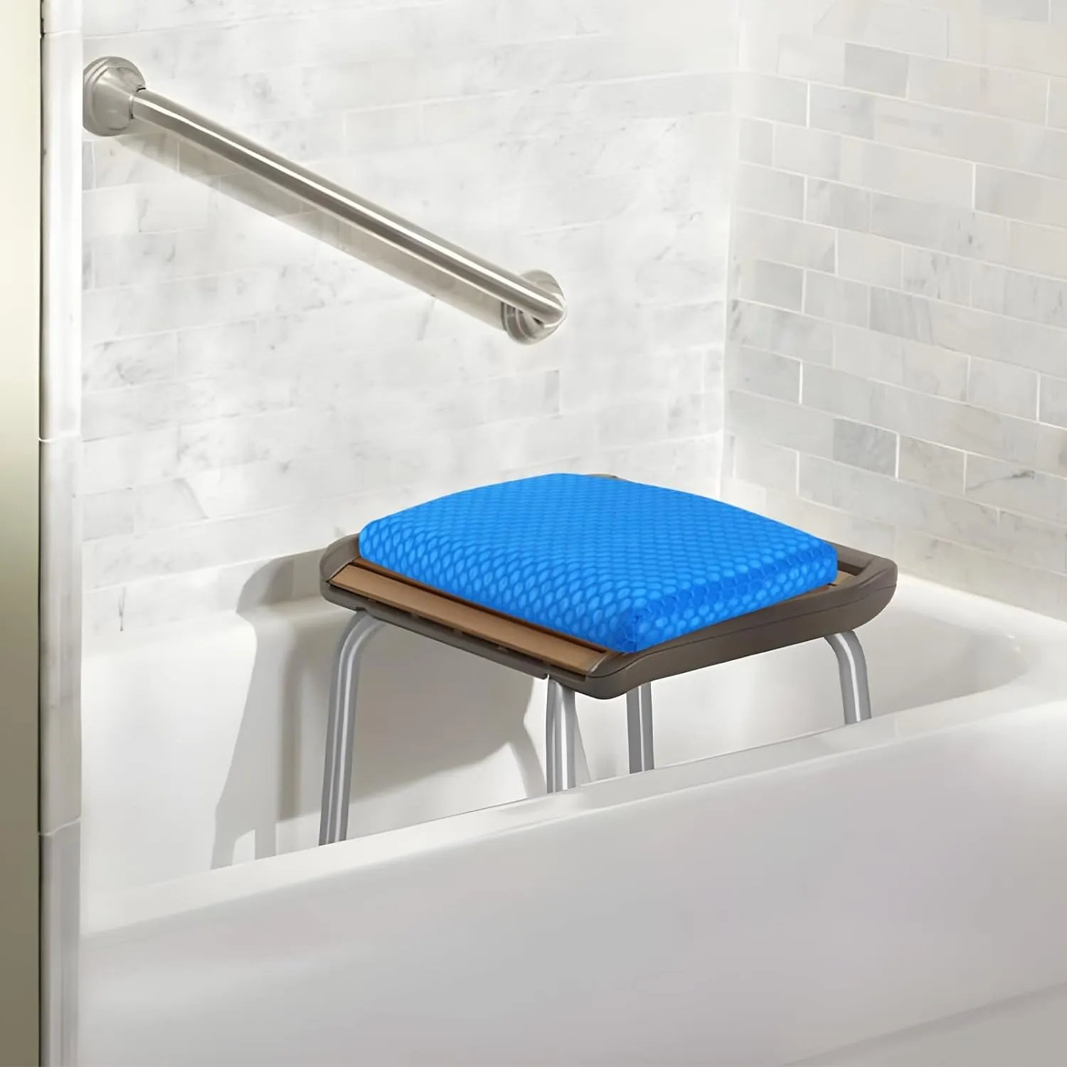 Anycosy Shower Seat Cushion,Bathtub Cushion for Transfer Benches,Slip-Resistant 3D Foam Mesh Bathtub Seat Cushion Mat with Hook,Quick Drying Bathtub Chair Pad for Elderly (Blue, Medium)