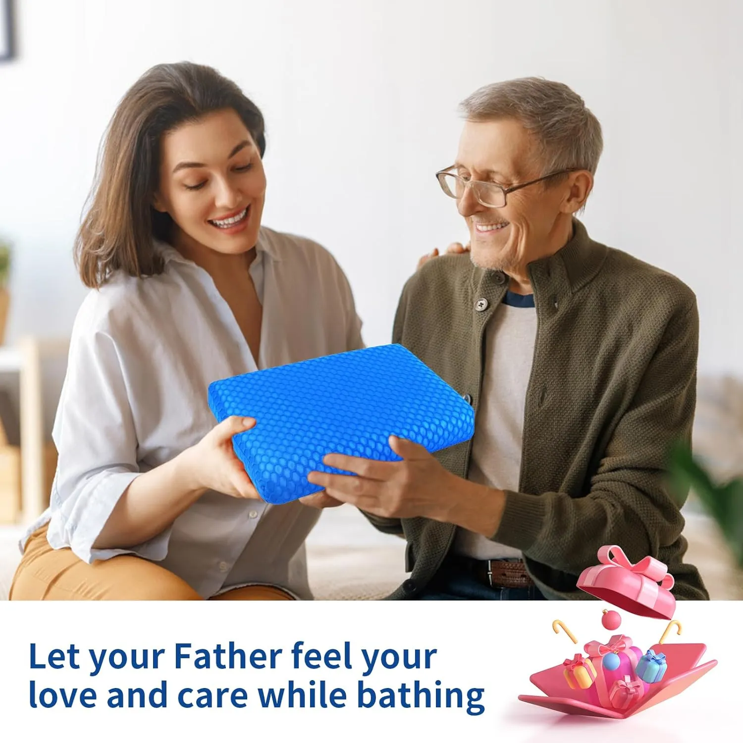 Anycosy Shower Seat Cushion,Bathtub Cushion for Transfer Benches,Slip-Resistant 3D Foam Mesh Bathtub Seat Cushion Mat with Hook,Quick Drying Bathtub Chair Pad for Elderly (Blue, Medium)