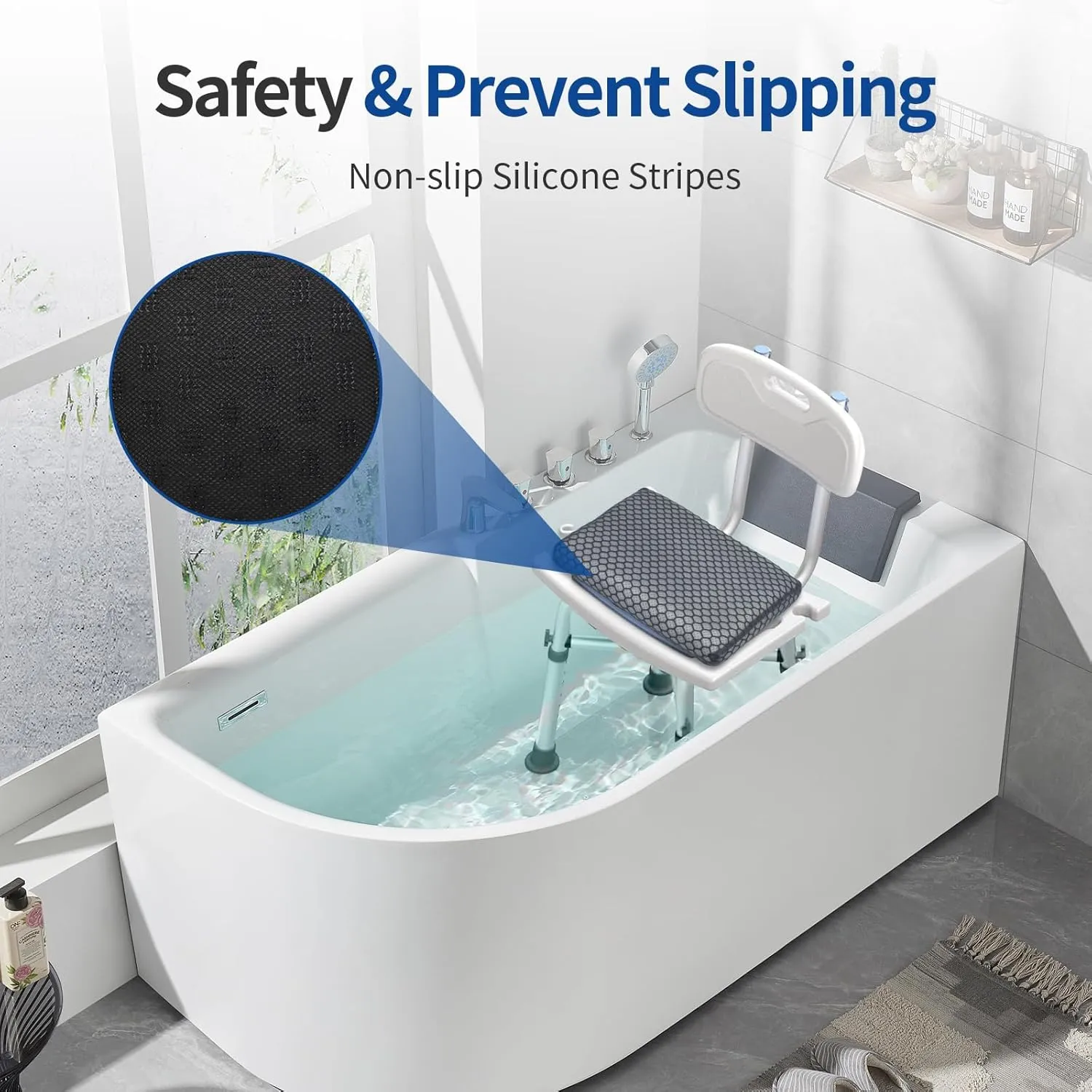 Anycosy Shower Seat Cushion,Bathtub Cushion for Transfer Benches,Slip-Resistant 3D Foam Mesh Bathtub Seat Cushion Mat with Hook,Quick Drying Bathtub Chair Pad for Elderly (Gray, Medium)