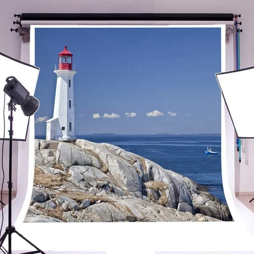 AOFOTO 10x10ft Peggy's Cove Lighthouse Backdrops for Trip Seaside Rock Ocean Scene Blue Water and Shy White Cloud Photography Background Adults Travel Artistic Portrait Vinyl Photo Studio Drapes