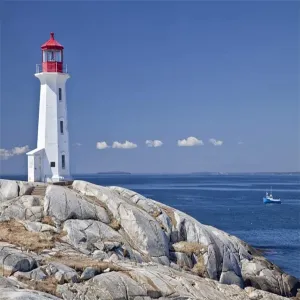 AOFOTO 10x10ft Peggy's Cove Lighthouse Backdrops for Trip Seaside Rock Ocean Scene Blue Water and Shy White Cloud Photography Background Adults Travel Artistic Portrait Vinyl Photo Studio Drapes