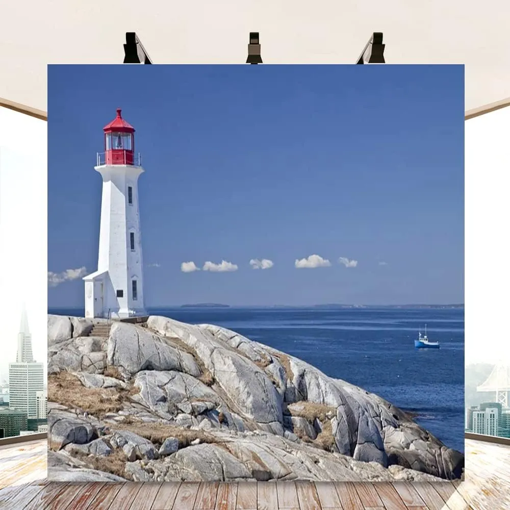 AOFOTO 10x10ft Peggy's Cove Lighthouse Backdrops for Trip Seaside Rock Ocean Scene Blue Water and Shy White Cloud Photography Background Adults Travel Artistic Portrait Vinyl Photo Studio Drapes