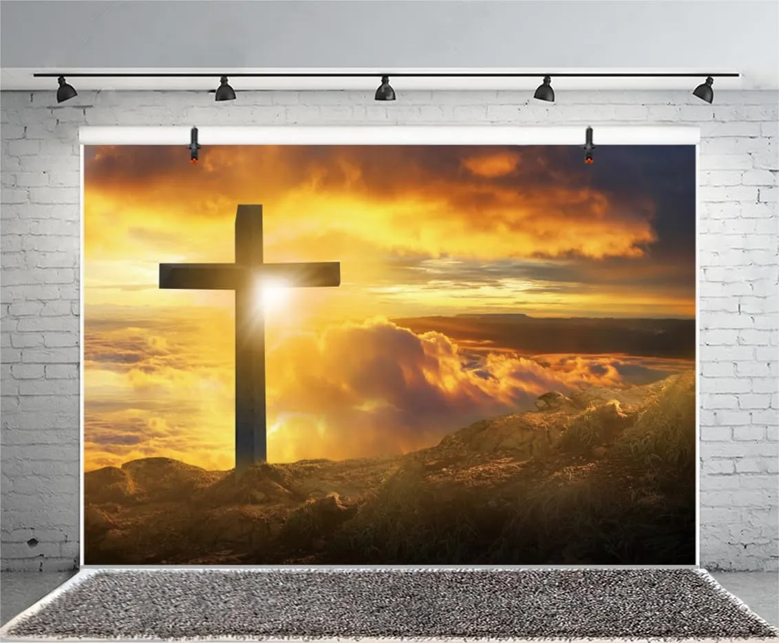 AOFOTO 10x7ft Jesus Cross Backdrop Crucifixion of Jesus Christ Mountain Top Sunset Glow Photography Background Holy Light Resurrection Christian Church Lord Pray Easter Party Decorations Photo Props