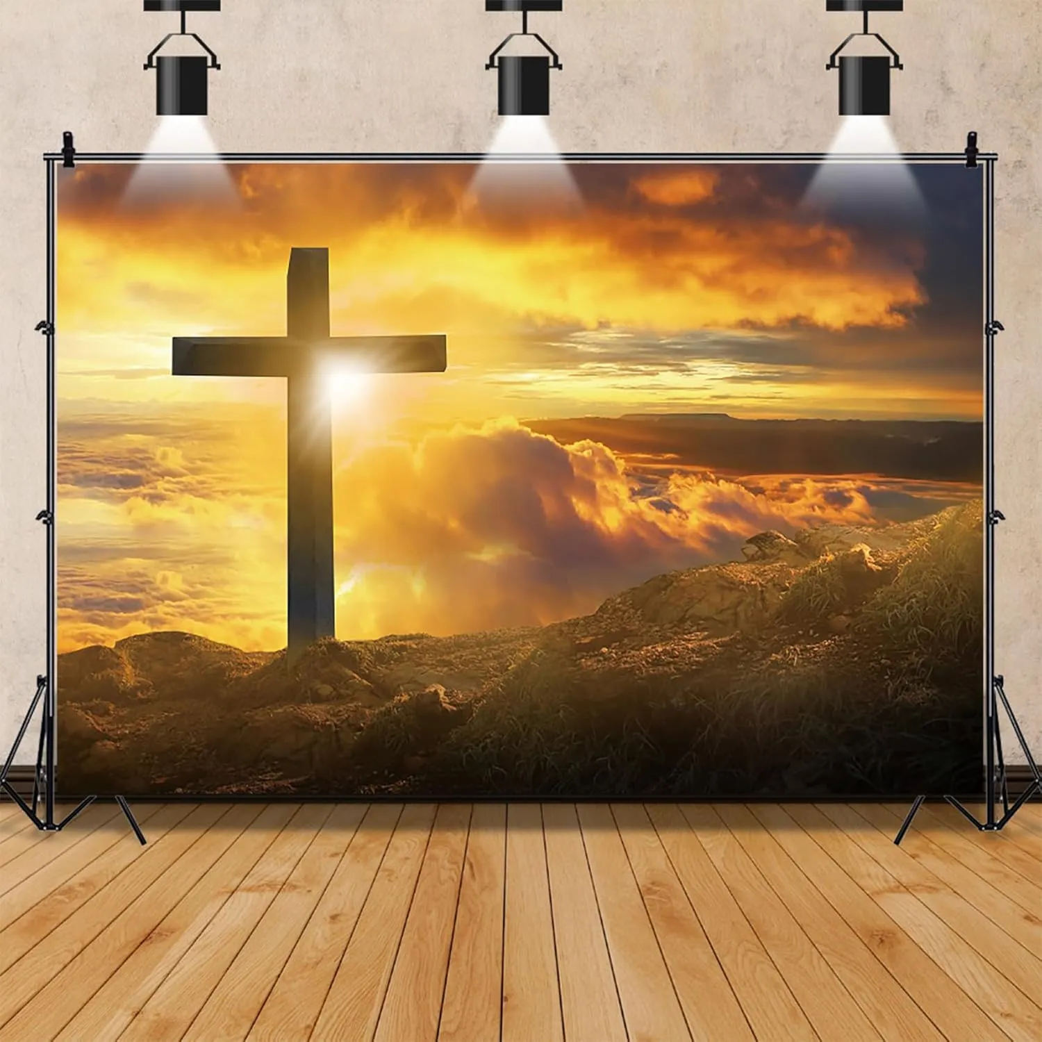 AOFOTO 10x7ft Jesus Cross Backdrop Crucifixion of Jesus Christ Mountain Top Sunset Glow Photography Background Holy Light Resurrection Christian Church Lord Pray Easter Party Decorations Photo Props