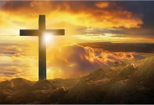 AOFOTO 10x7ft Jesus Cross Backdrop Crucifixion of Jesus Christ Mountain Top Sunset Glow Photography Background Holy Light Resurrection Christian Church Lord Pray Easter Party Decorations Photo Props