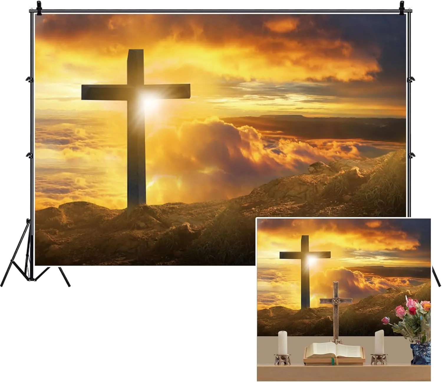 AOFOTO 10x7ft Jesus Cross Backdrop Crucifixion of Jesus Christ Mountain Top Sunset Glow Photography Background Holy Light Resurrection Christian Church Lord Pray Easter Party Decorations Photo Props