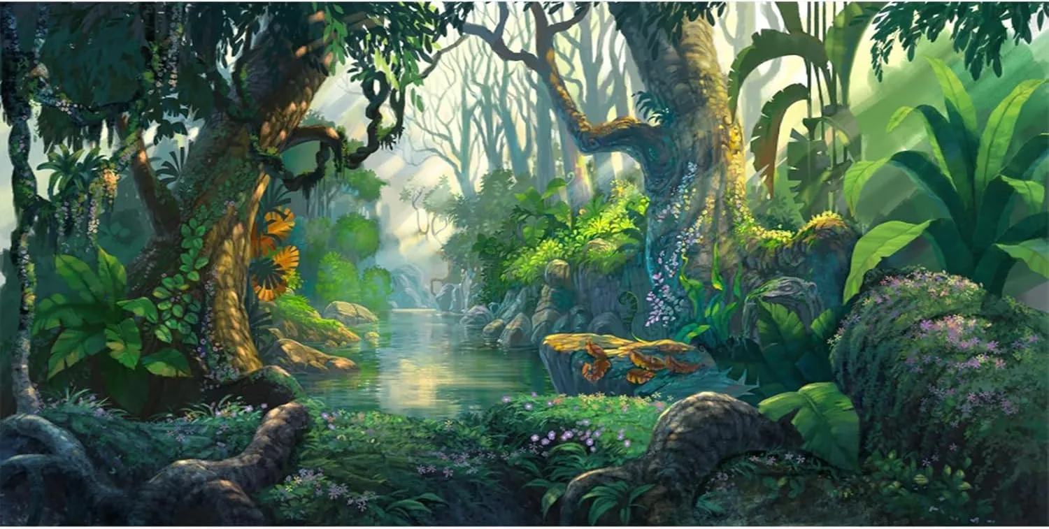 AOFOTO 12x6ft Fantastic Jungle Backdrop Cartoon Fairy Tales Forest River Tropical Rainforest Background Thicket Adventure Camping Safari Party Decorations Banner Kids Child Photoshoot Studio Props