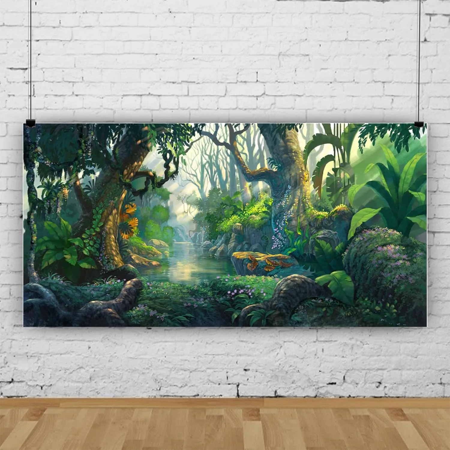 AOFOTO 12x6ft Fantastic Jungle Backdrop Cartoon Fairy Tales Forest River Tropical Rainforest Background Thicket Adventure Camping Safari Party Decorations Banner Kids Child Photoshoot Studio Props