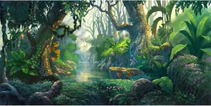 AOFOTO 12x6ft Fantastic Jungle Backdrop Cartoon Fairy Tales Forest River Tropical Rainforest Background Thicket Adventure Camping Safari Party Decorations Banner Kids Child Photoshoot Studio Props