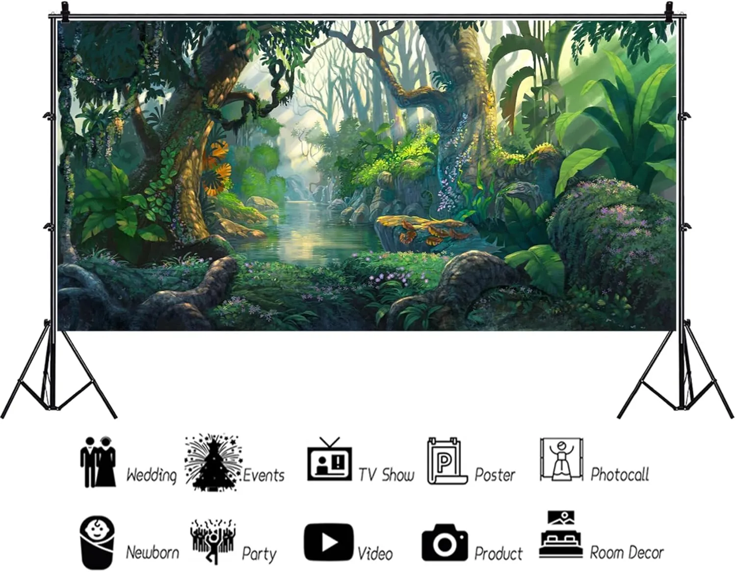 AOFOTO 12x6ft Fantastic Jungle Backdrop Cartoon Fairy Tales Forest River Tropical Rainforest Background Thicket Adventure Camping Safari Party Decorations Banner Kids Child Photoshoot Studio Props