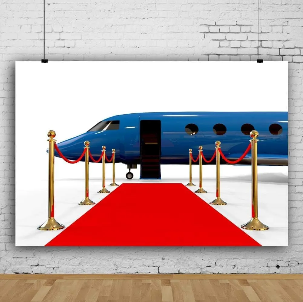 AOFOTO 12x8ft Airport Pickup Red Carpet Backdrop Gold Bannister Blue Luxury Open Door Airplane VIP Background Photo Studio Props Vinly Stars Reception Party Photo Shoot Decoration