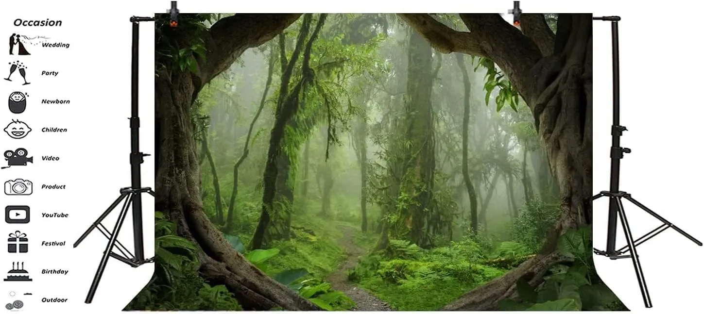 AOFOTO 12x8ft Forest Backdrop Tropical Jungle Rainforest Backdrops for Photography Enchanted Fairytale Misty Deep Green Trees Pathway Background Nature Picnic Camping Boy Adventure Photo Studio Props