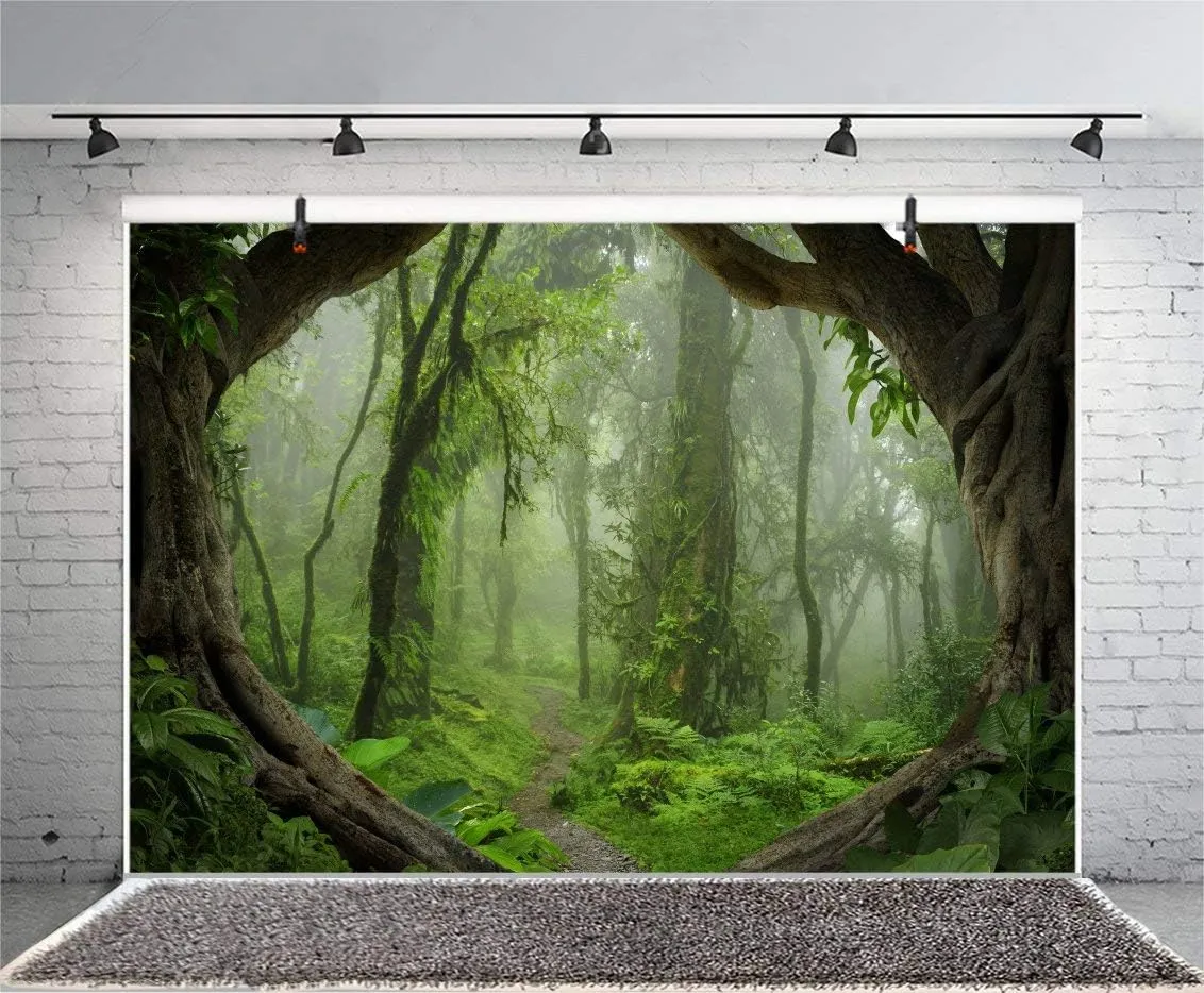 AOFOTO 12x8ft Forest Backdrop Tropical Jungle Rainforest Backdrops for Photography Enchanted Fairytale Misty Deep Green Trees Pathway Background Nature Picnic Camping Boy Adventure Photo Studio Props