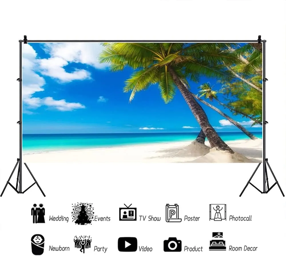 AOFOTO 20x10ft Sea Beach Photography Background Hawaiian Luau Seaside Palmtree Backdrop Vacation Trip Blue Sky Summer Holiday Boy Girl Lovers Adult Portrait Wedding Photo Studio Props Vinyl Wallpaper