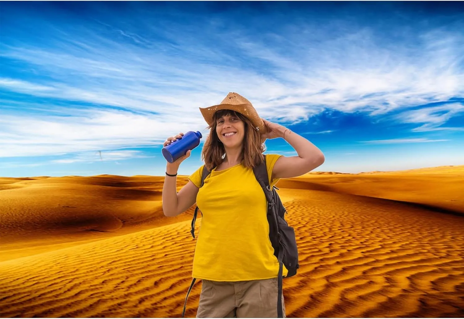 AOFOTO 7x5ft Desert Backdrop Golden Desert Sand Dunes Blue Sky White Clouds Wild West Landscape Photography Background Natural Scenery Desert Scene Party Decorations Birthday Portrait Photo Props