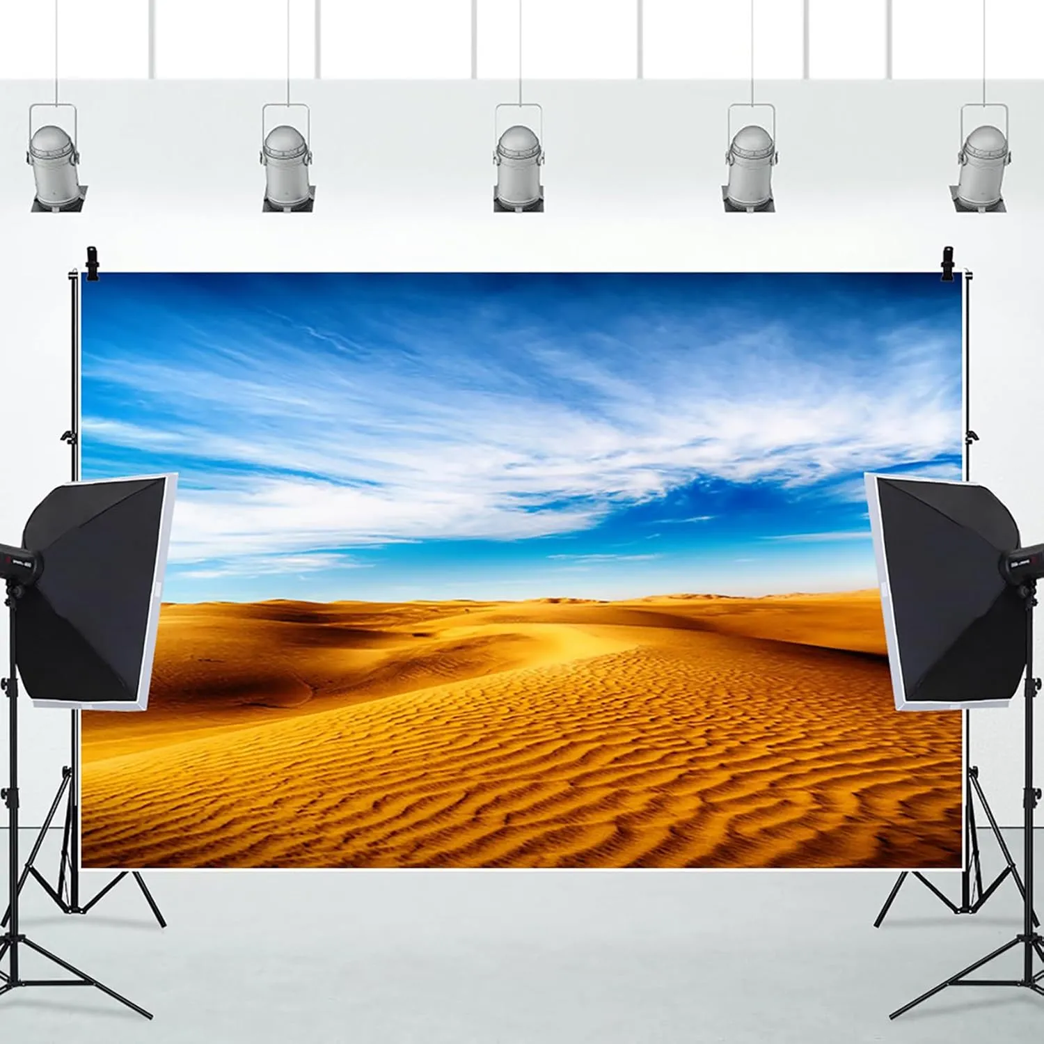 AOFOTO 7x5ft Desert Backdrop Golden Desert Sand Dunes Blue Sky White Clouds Wild West Landscape Photography Background Natural Scenery Desert Scene Party Decorations Birthday Portrait Photo Props