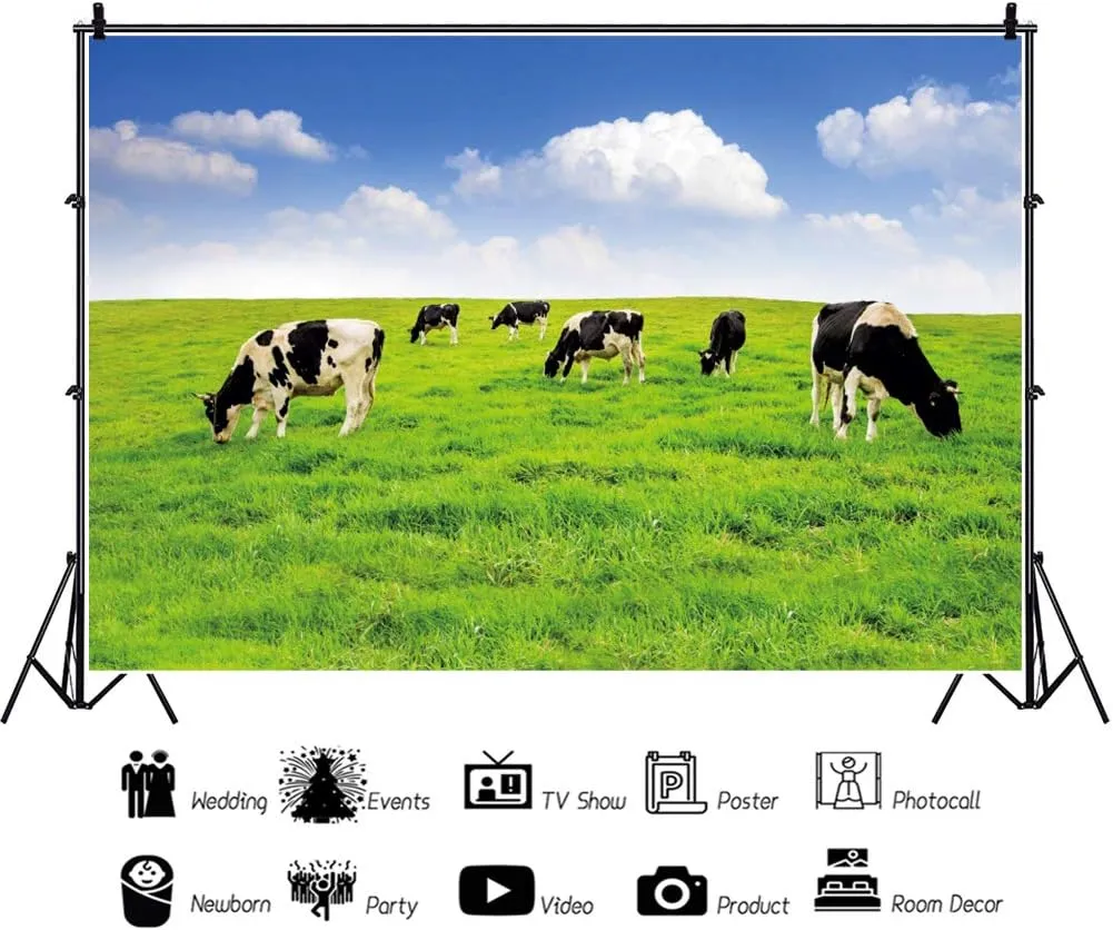 AOFOTO 7x5ft Nature Spring Scene Backdrop Cow Meadow Blue Sky Plateau Photography Background White Cloud Pasture for Photoshoot Photo Booth Studio Kids Adults Portrait Shooting Prop