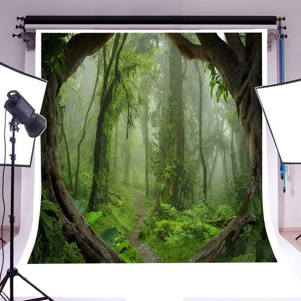 AOFOTO 8x8ft Forest Backdrop Tropical Jungle Rainforest Backdrops for Photography Fairytale Misty Deep Green Trees Pathway Background Suburbs Picnic Camping Boy Scouts Adventure Photo Studio Props