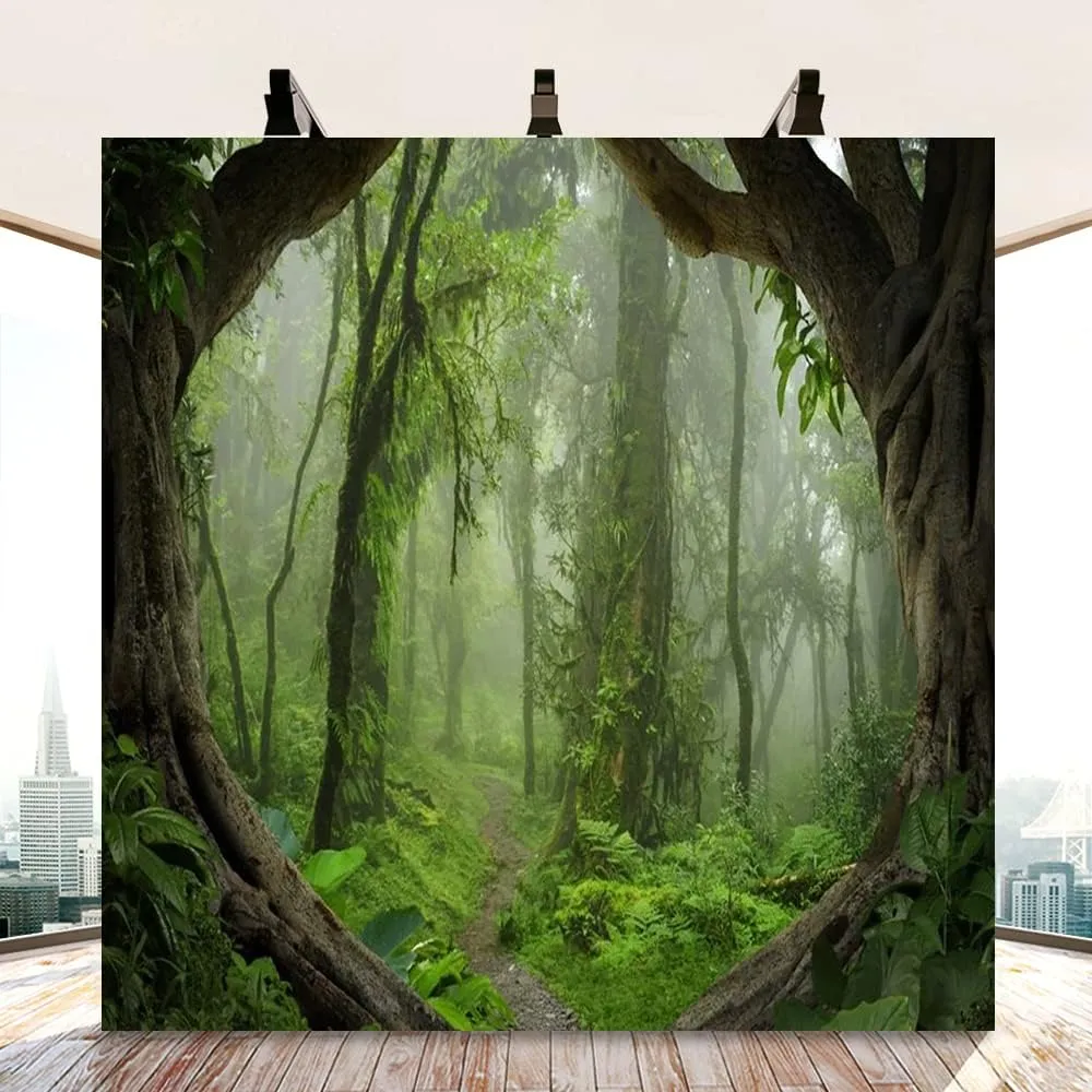 AOFOTO 8x8ft Forest Backdrop Tropical Jungle Rainforest Backdrops for Photography Fairytale Misty Deep Green Trees Pathway Background Suburbs Picnic Camping Boy Scouts Adventure Photo Studio Props