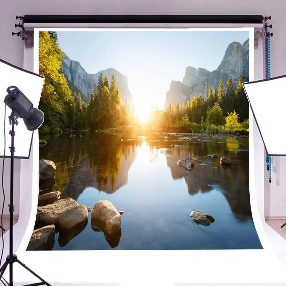 AOFOTO 8x8ft Nature Mountain Forest Backdrop Valley Sunrise Landscape Photography Background Pine Tree River Natural Park Lake Scenic Outdoor Hiking Camping Vinyl Wallpaper Portrait Photoshoot Prop