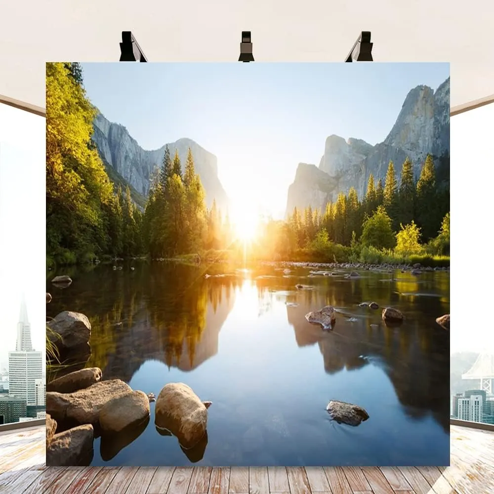 AOFOTO 8x8ft Nature Mountain Forest Backdrop Valley Sunrise Landscape Photography Background Pine Tree River Natural Park Lake Scenic Outdoor Hiking Camping Vinyl Wallpaper Portrait Photoshoot Prop