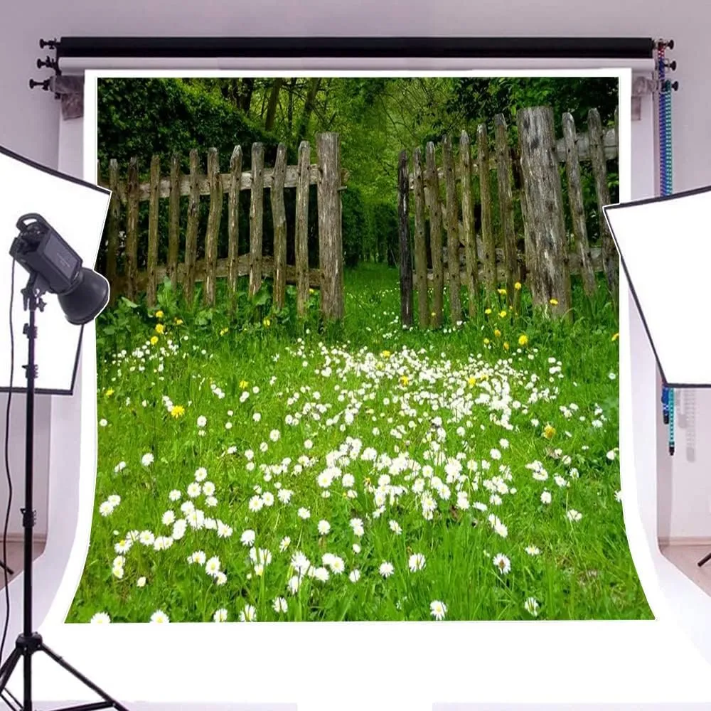 AOFOTO 8x8ft Spring Garden Daisy Flower Backdrop Rustic Wood Fence Summer Meadow Photography Background Forest Wonderland Grass Florets Country Hiking Suburbs Picnic Girl Boy Scouts Photo Studio Props