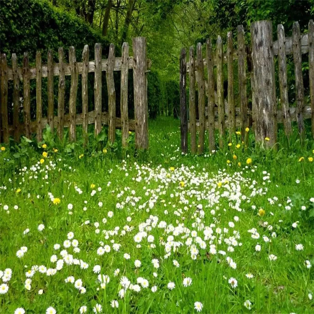 AOFOTO 8x8ft Spring Garden Daisy Flower Backdrop Rustic Wood Fence Summer Meadow Photography Background Forest Wonderland Grass Florets Country Hiking Suburbs Picnic Girl Boy Scouts Photo Studio Props