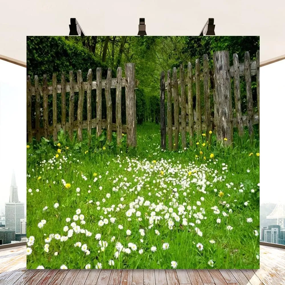 AOFOTO 8x8ft Spring Garden Daisy Flower Backdrop Rustic Wood Fence Summer Meadow Photography Background Forest Wonderland Grass Florets Country Hiking Suburbs Picnic Girl Boy Scouts Photo Studio Props