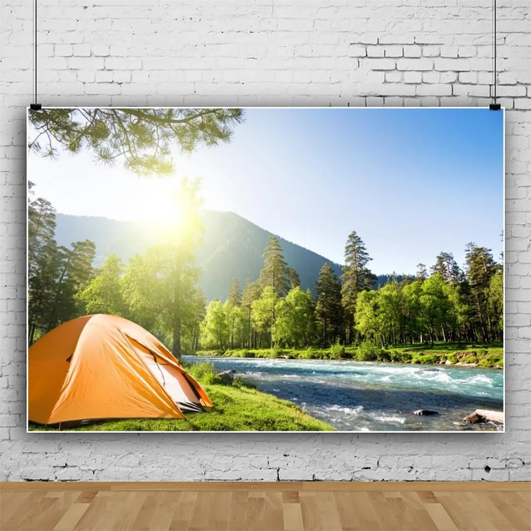 AOFOTO 9x6ft Outdoor Camping Backdrop Mountain Forest Creekside Camp Tents Sunshine Photography Background Summer Hiking Trip School Travel Nature Landscape Birthday Party Decors Photoshoot Props
