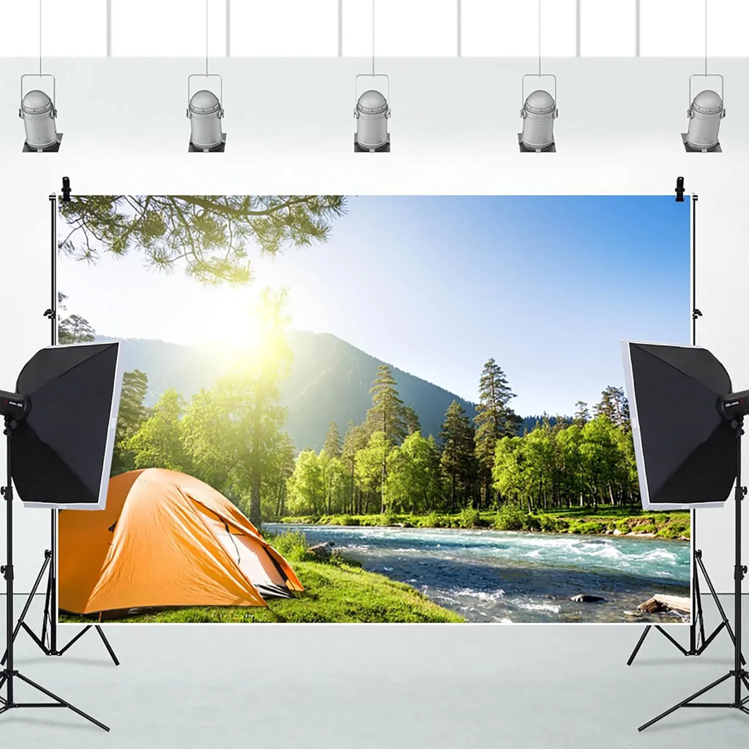 AOFOTO 9x6ft Outdoor Camping Backdrop Mountain Forest Creekside Camp Tents Sunshine Photography Background Summer Hiking Trip School Travel Nature Landscape Birthday Party Decors Photoshoot Props