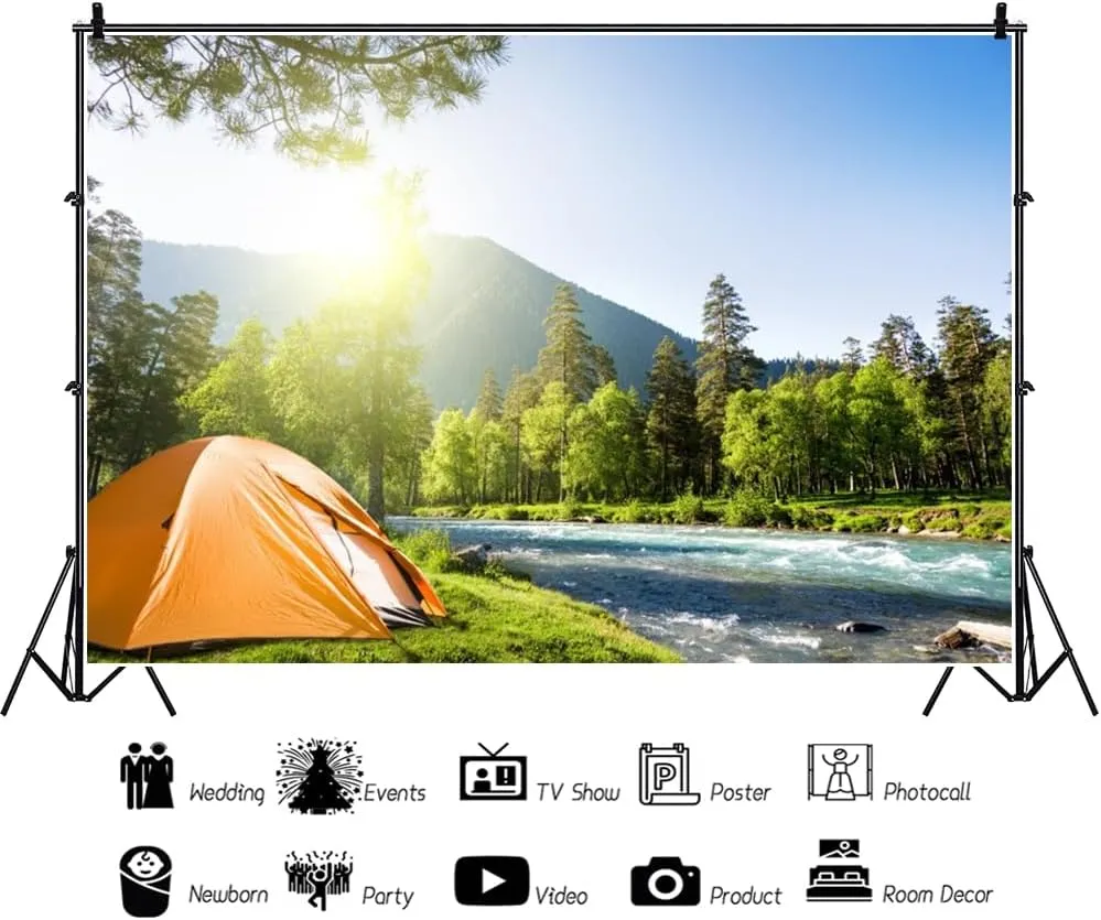 AOFOTO 9x6ft Outdoor Camping Backdrop Mountain Forest Creekside Camp Tents Sunshine Photography Background Summer Hiking Trip School Travel Nature Landscape Birthday Party Decors Photoshoot Props
