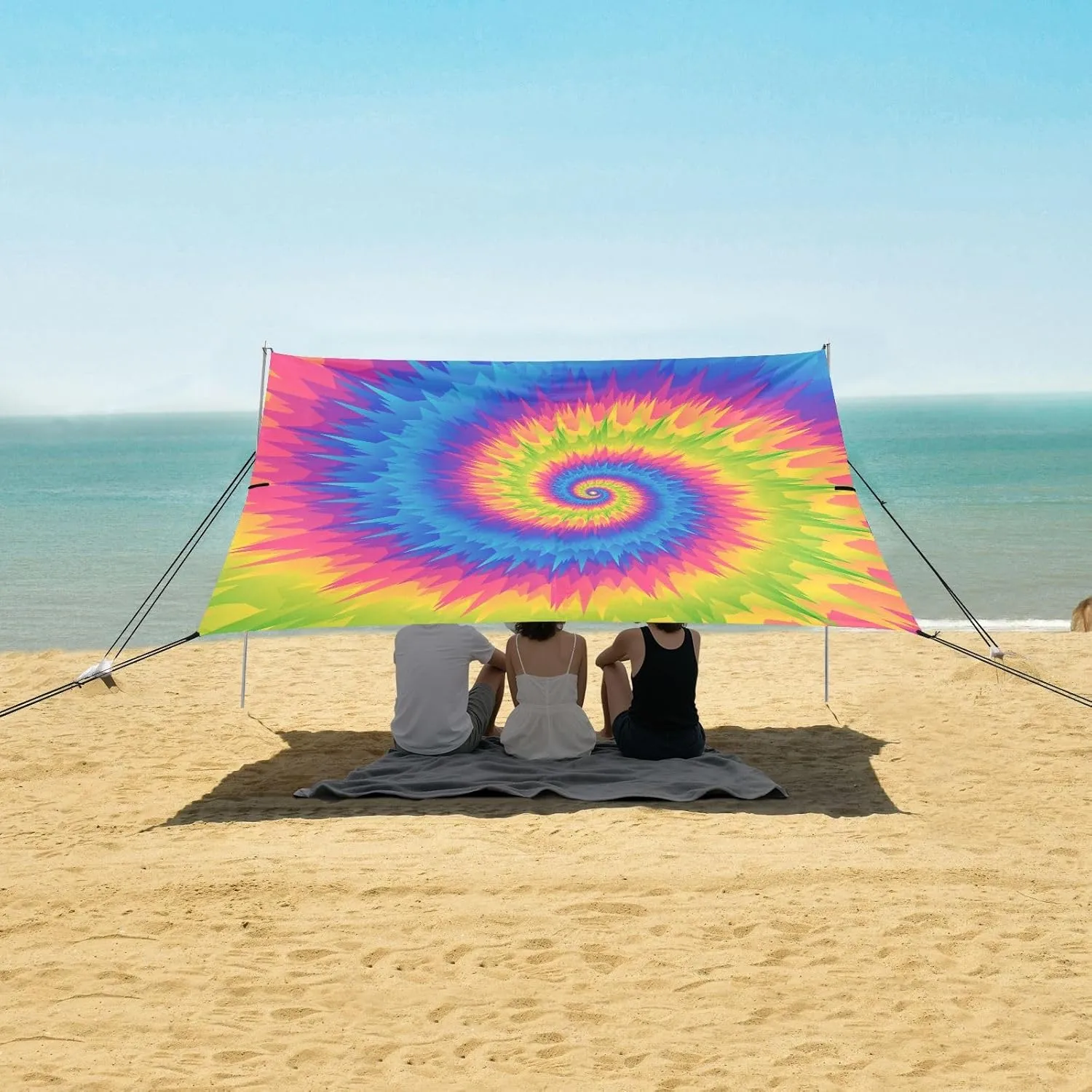 Artistic Tie Dye Groovy Beach Canopy Tent Anti-UV & Wind Resistant, Camping Sun Shelter Easy Setup Portable,Outdoor Shade Tents with Sandbags,Sand Shovels,Ground Pegs & Stability Poles
