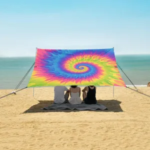 Artistic Tie Dye Groovy Beach Canopy Tent Anti-UV & Wind Resistant, Camping Sun Shelter Easy Setup Portable,Outdoor Shade Tents with Sandbags,Sand Shovels,Ground Pegs & Stability Poles