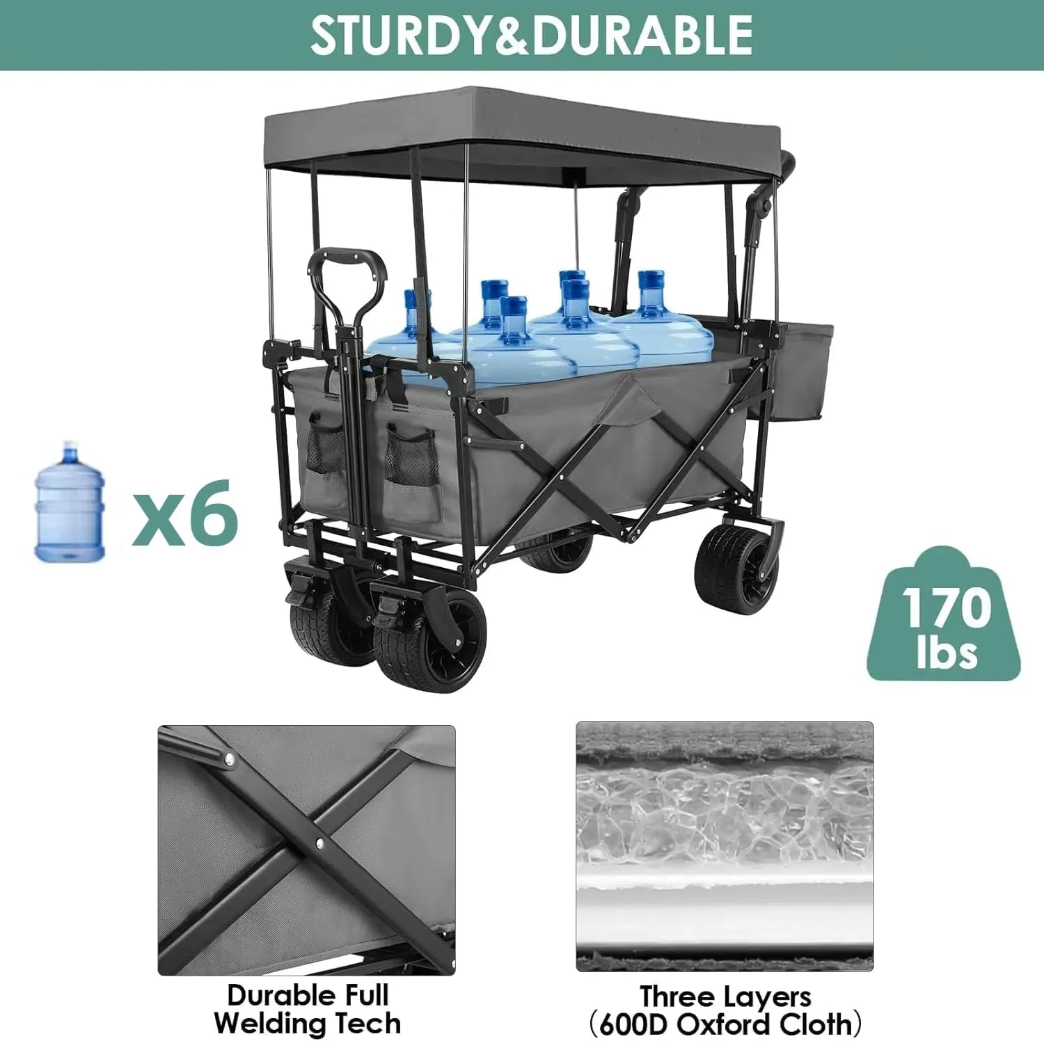 AthLike Extra Large Collapsible Wagon w/Removable Canopy, 250lbs/262L Capacity Foldable Garden Cart w/Rear Storage, Heavy Duty Push&Pull Utility Camping Beach Stroller w/Big Wheel&Adjustable Handles