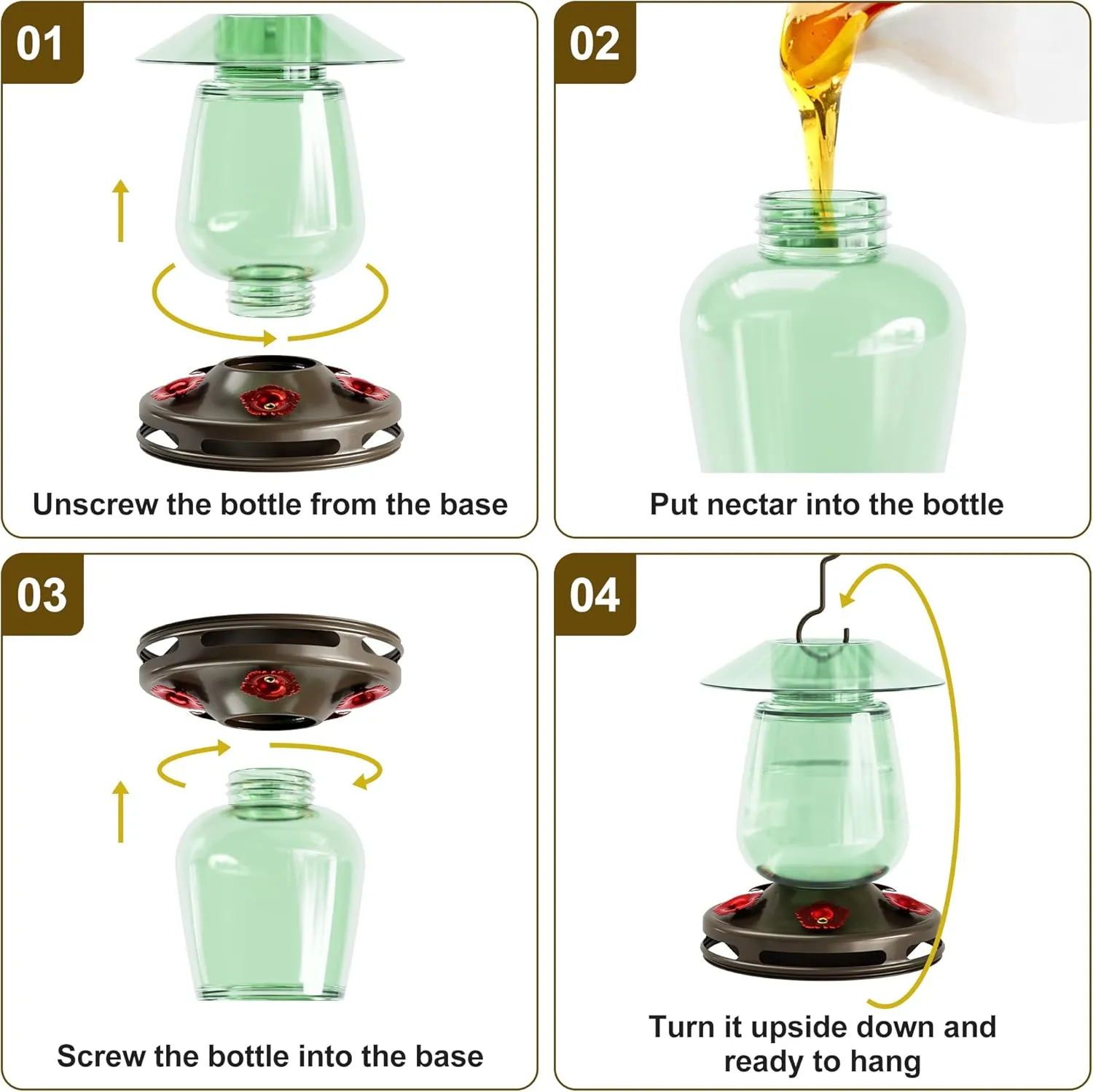 Auslar 16 Ounces Glass Hummingbird Feeders for Outdoors Hanging, Green Hummingbird Feeder with 5 Flower Feeding Ports & Bilt-in Ant Moat, Rustproof, Leakproof, Barn Lantern Shape, 2 Pack