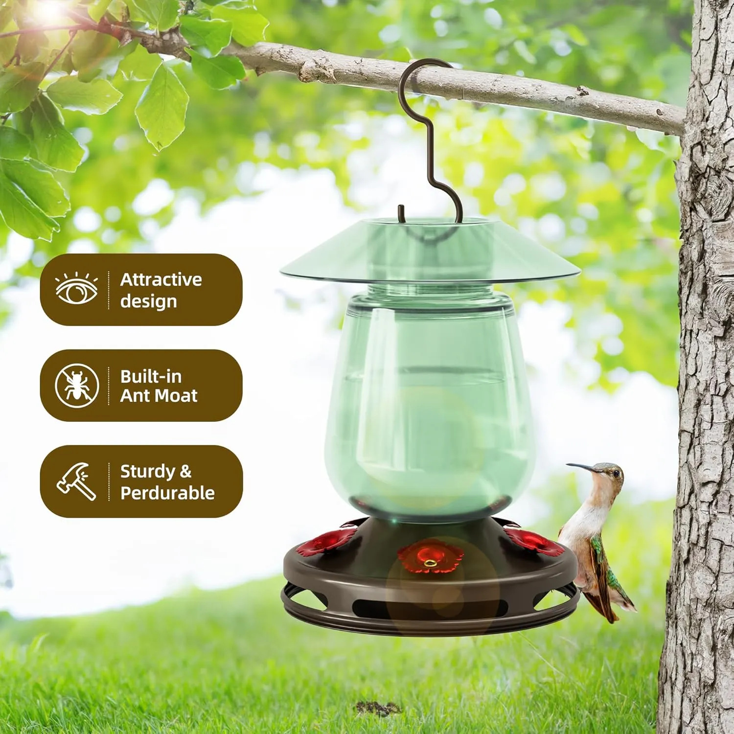 Auslar 16 Ounces Glass Hummingbird Feeders for Outdoors Hanging, Green Hummingbird Feeder with 5 Flower Feeding Ports & Bilt-in Ant Moat, Rustproof, Leakproof, Barn Lantern Shape, 2 Pack