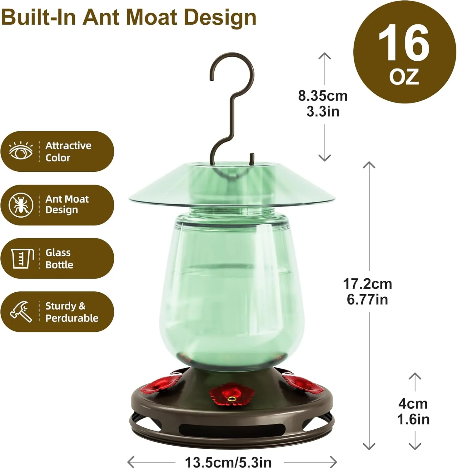 Auslar 16 Ounces Glass Hummingbird Feeders for Outdoors Hanging, Green Hummingbird Feeder with 5 Flower Feeding Ports & Bilt-in Ant Moat, Rustproof, Leakproof, Barn Lantern Shape, 2 Pack