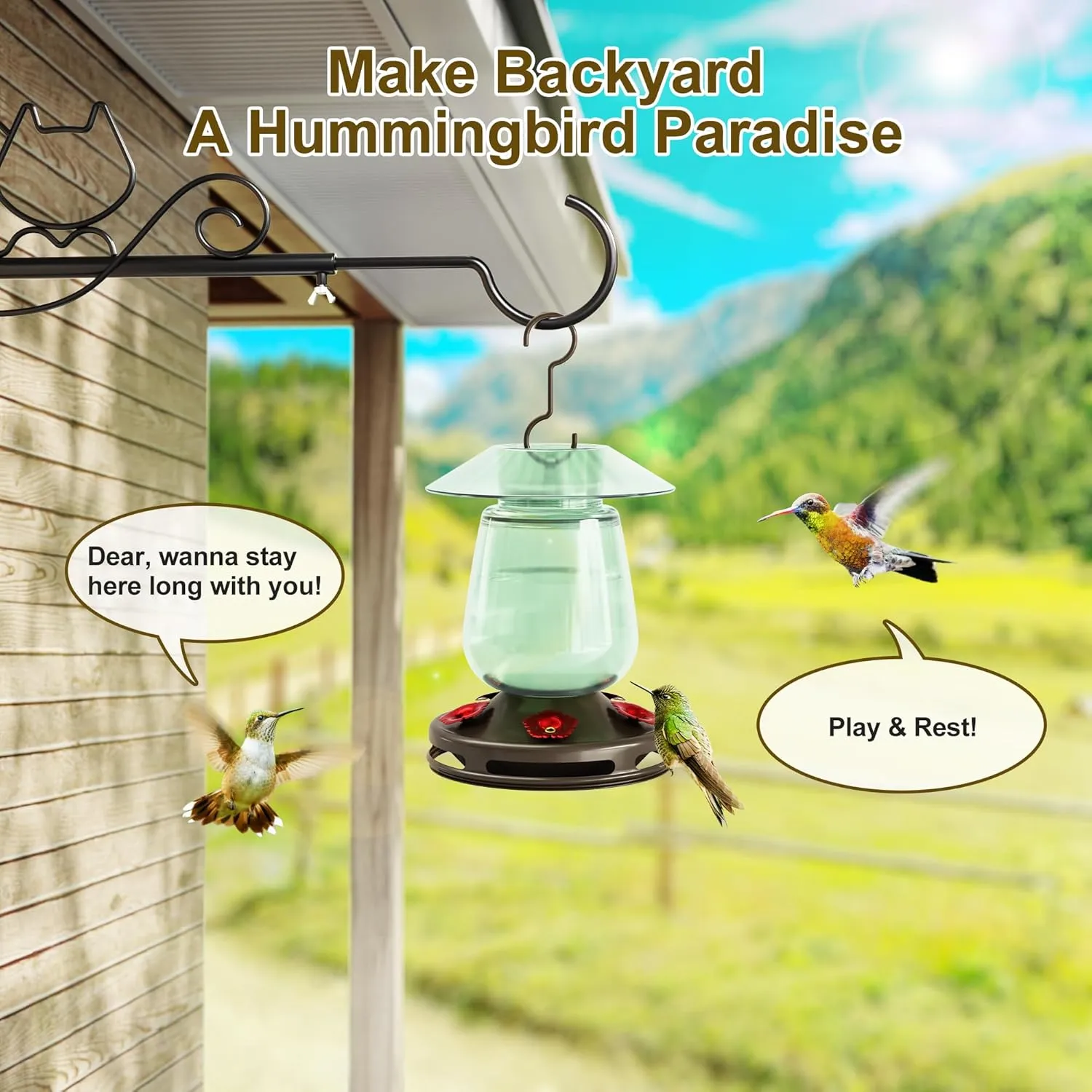 Auslar 16 Ounces Glass Hummingbird Feeders for Outdoors Hanging, Green Hummingbird Feeder with 5 Flower Feeding Ports & Bilt-in Ant Moat, Rustproof, Leakproof, Barn Lantern Shape, 2 Pack