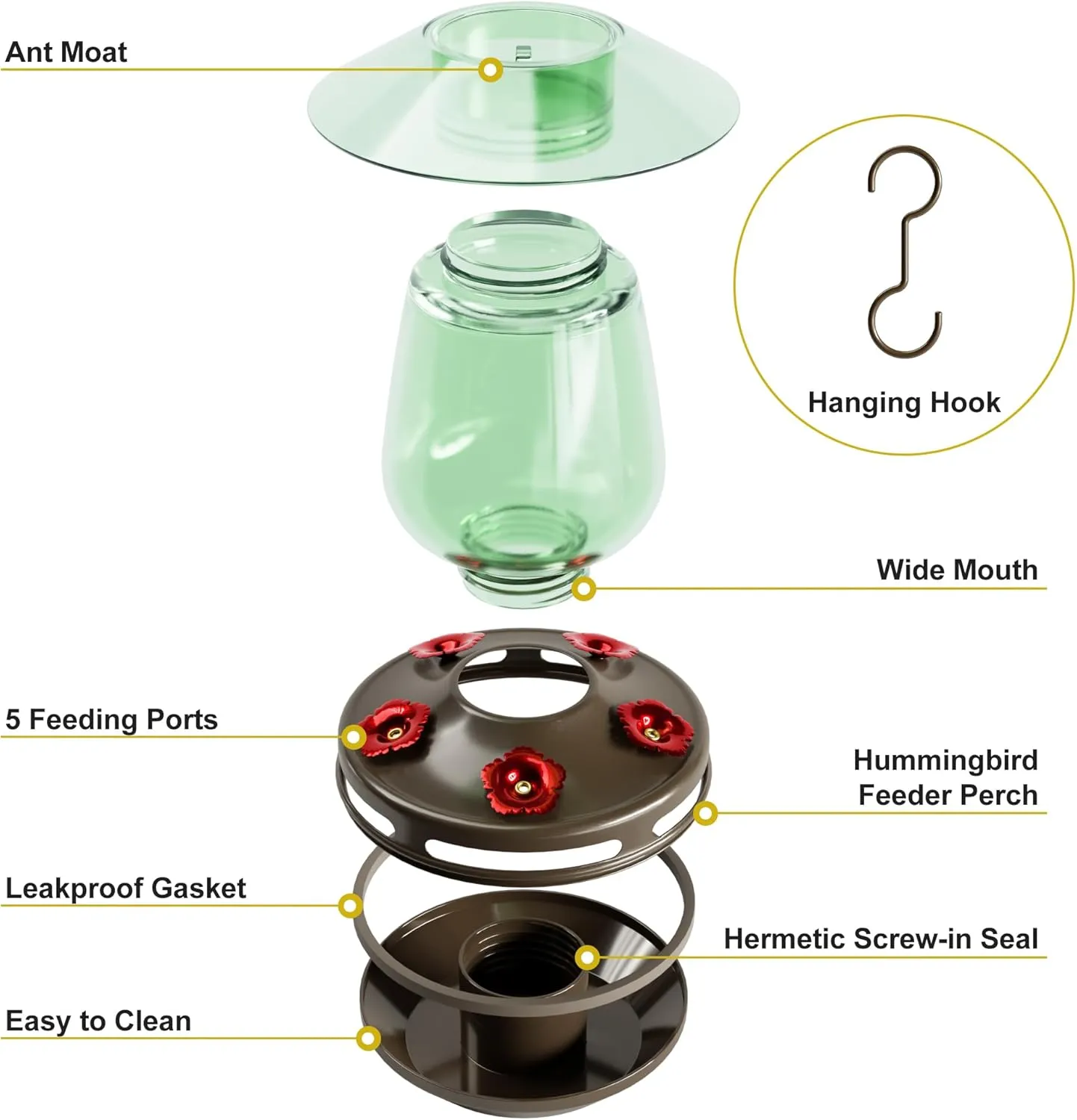 Auslar 16 Ounces Glass Hummingbird Feeders for Outdoors Hanging, Green Hummingbird Feeder with 5 Flower Feeding Ports & Bilt-in Ant Moat, Rustproof, Leakproof, Barn Lantern Shape, 2 Pack
