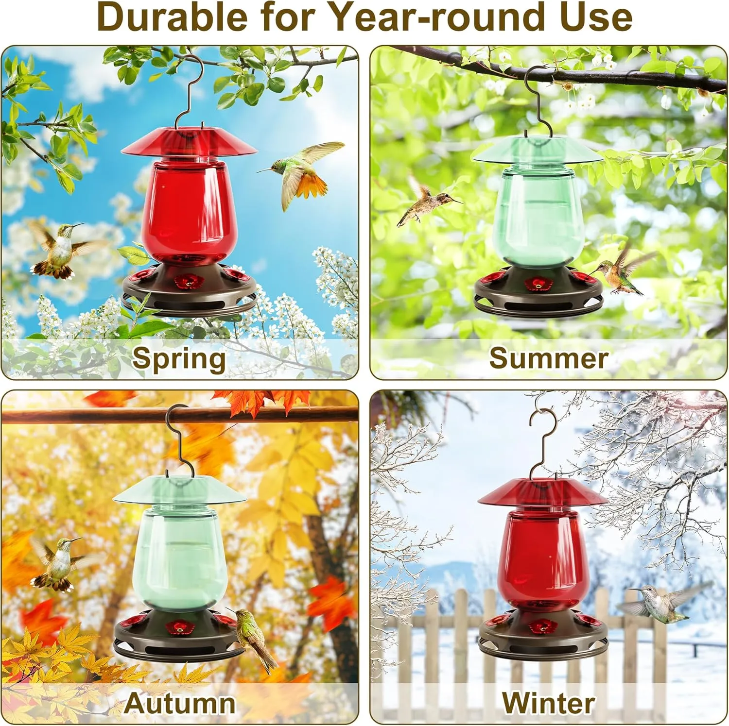 Auslar 16 Ounces Glass Hummingbird Feeders for Outdoors Hanging, Green Hummingbird Feeder with 5 Flower Feeding Ports & Bilt-in Ant Moat, Rustproof, Leakproof, Barn Lantern Shape, 2 Pack