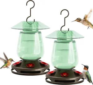 Auslar 16 Ounces Glass Hummingbird Feeders for Outdoors Hanging, Green Hummingbird Feeder with 5 Flower Feeding Ports & Bilt-in Ant Moat, Rustproof, Leakproof, Barn Lantern Shape, 2 Pack