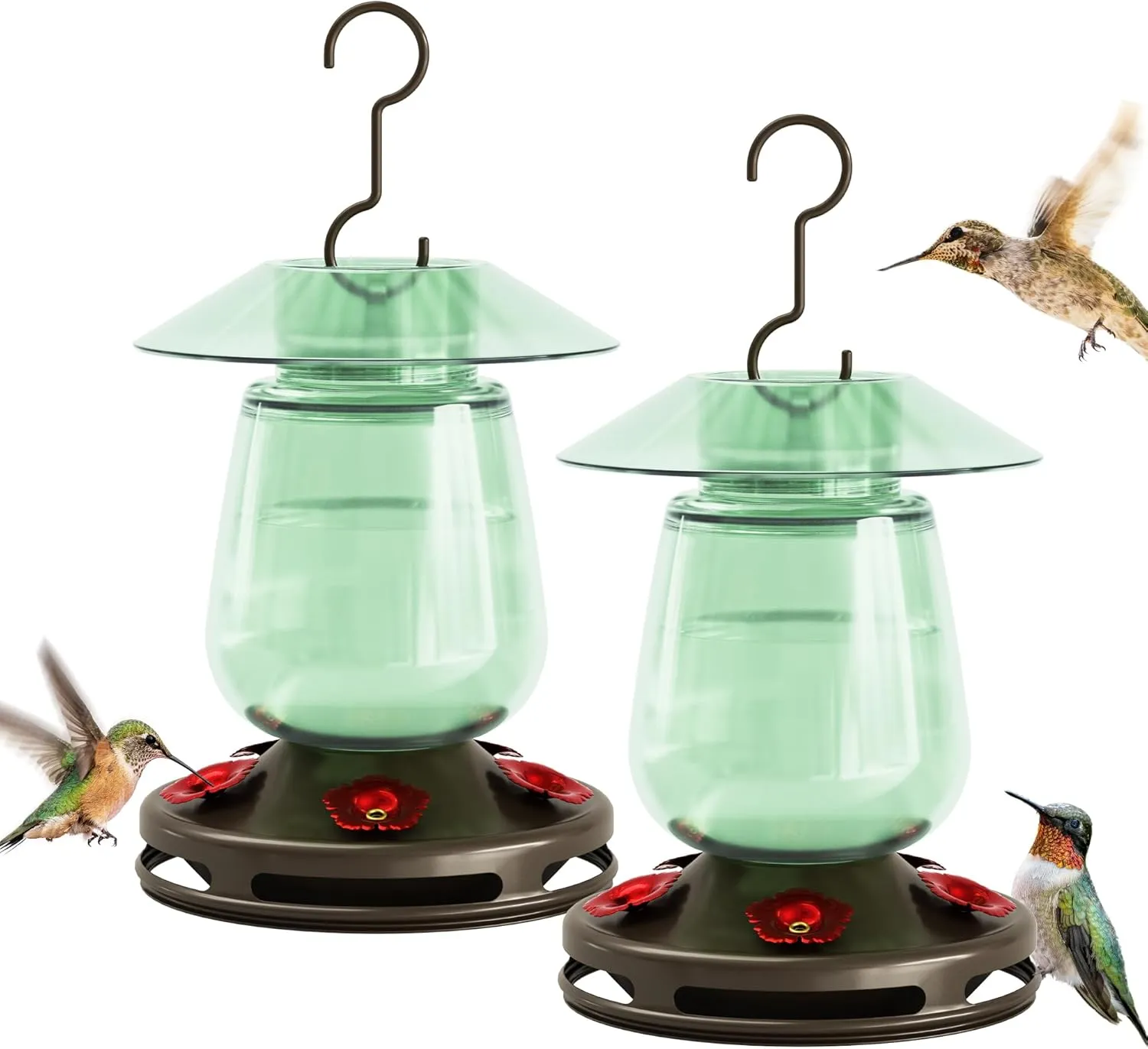 Auslar 16 Ounces Glass Hummingbird Feeders for Outdoors Hanging, Green Hummingbird Feeder with 5 Flower Feeding Ports & Bilt-in Ant Moat, Rustproof, Leakproof, Barn Lantern Shape, 2 Pack
