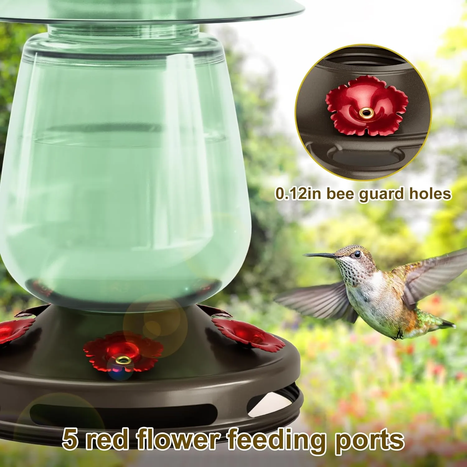 Auslar 16 Ounces Glass Hummingbird Feeders for Outdoors Hanging, Green Hummingbird Feeder with 5 Flower Feeding Ports & Bilt-in Ant Moat, Rustproof, Leakproof, Barn Lantern Shape, 2 Pack