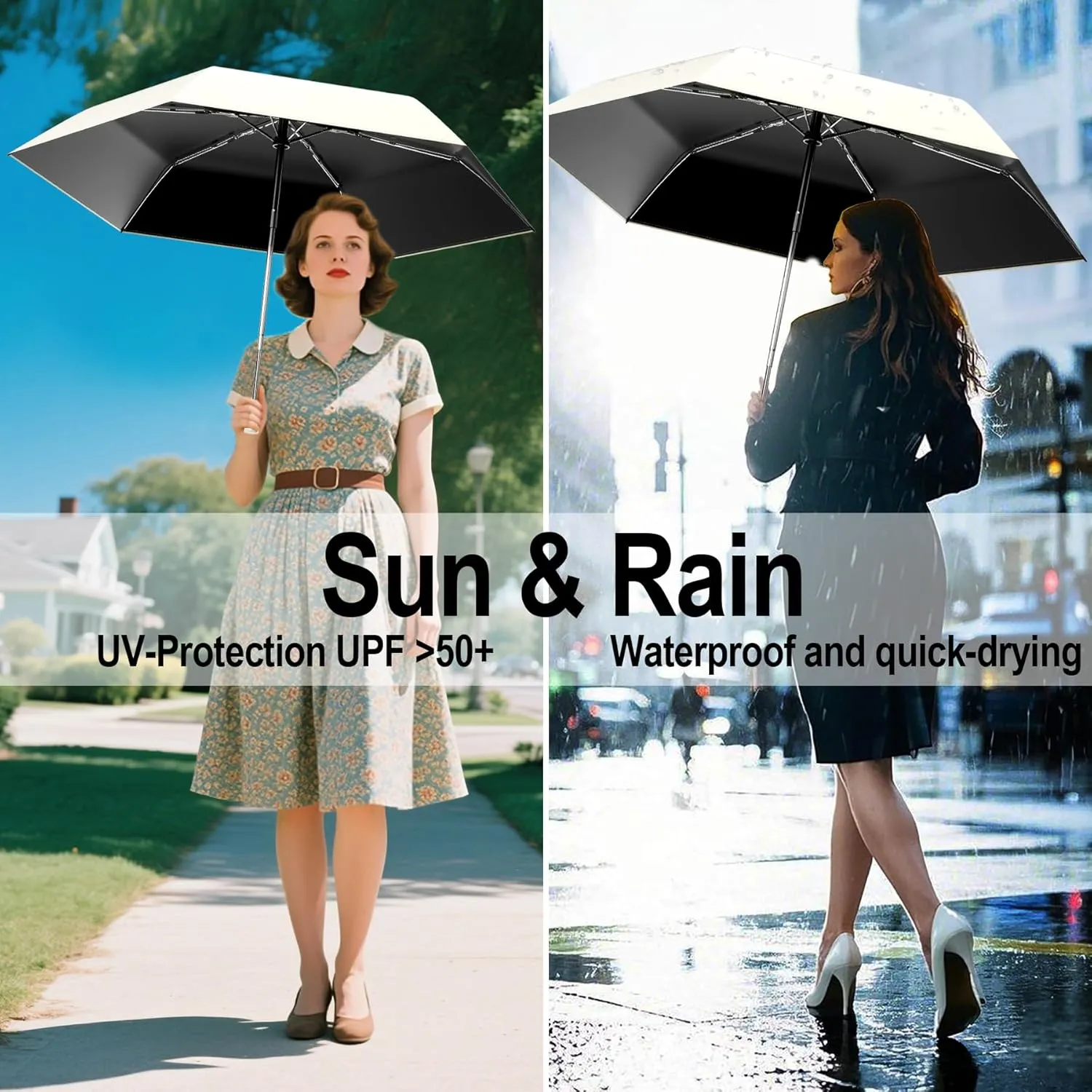 Automatic Mini Travel Windproof Folding Umbrella - UV Protection, Instant Open/Close for Rain/Sun, Small Compact Lightweight Design Fits in Tote Bag/Travel Case/Backpack for Commute,Women&Men