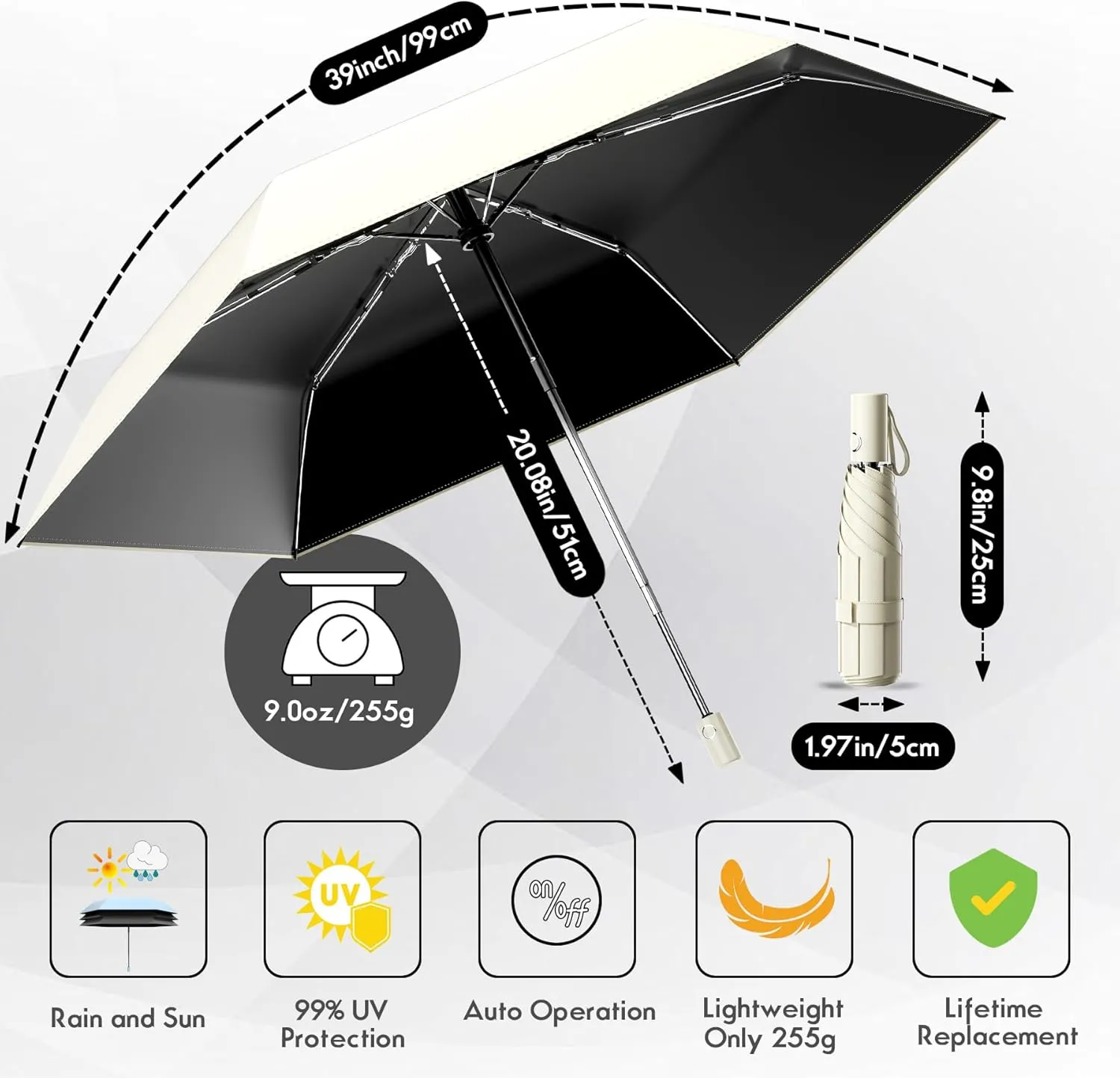 Automatic Mini Travel Windproof Folding Umbrella - UV Protection, Instant Open/Close for Rain/Sun, Small Compact Lightweight Design Fits in Tote Bag/Travel Case/Backpack for Commute,Women&Men