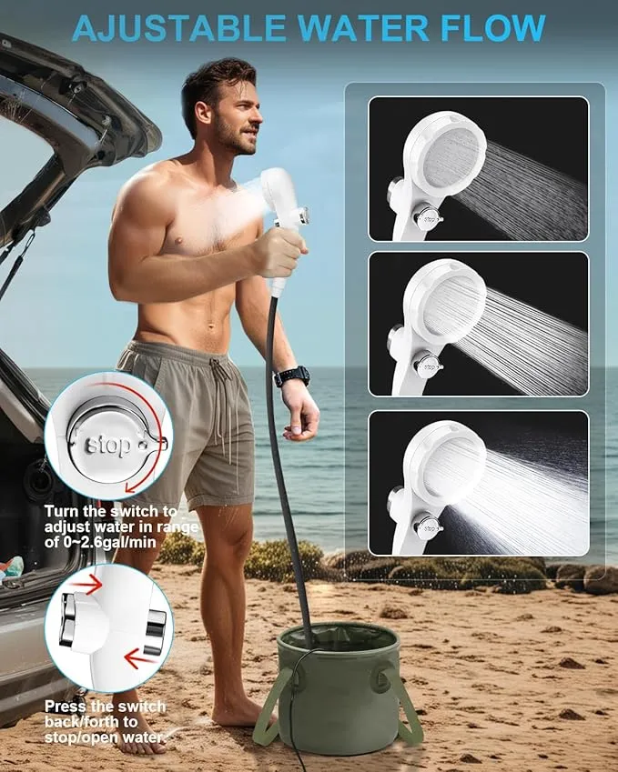 AUTOPkio Portable Shower for Camping, 2-in-1 Camp Shower Pump with Rechargeable Battery, Portable Outdoor Shower for Beach Hiking Outdoor, Pet Cleaning